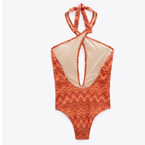 NWT ZARA WAVE PRINT HALTER SWIMSUIT ORANGE - Picture 3 of 3